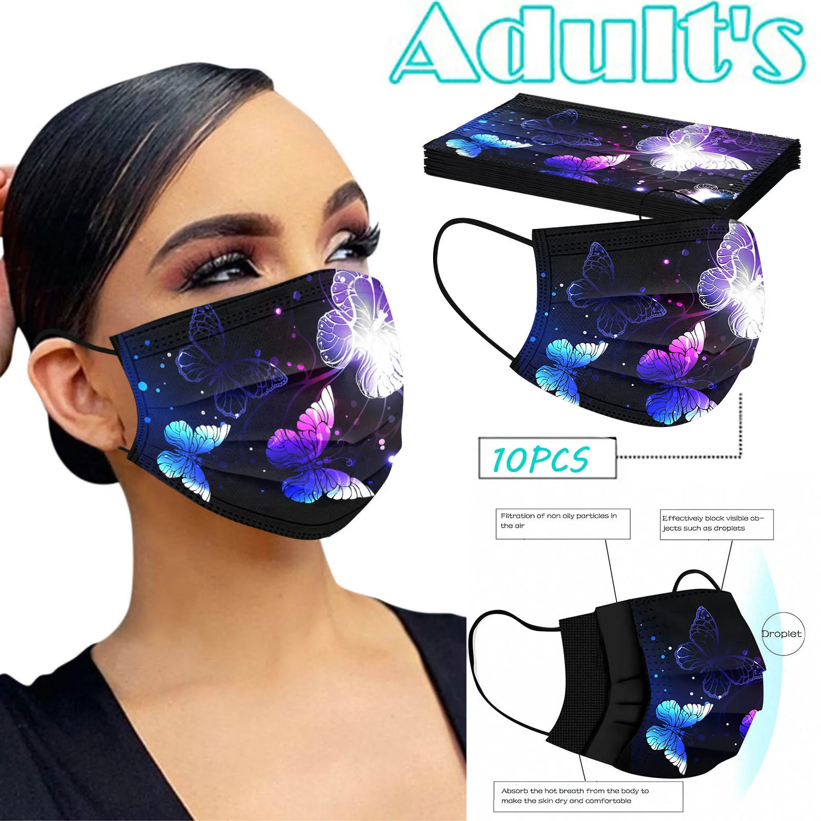 

100pcs Butterfly Disposable Face Masks Adult Women Man Colorful Printed Disposable Mouth Mask 3ply Ear Loop Face Sheild Mascaras