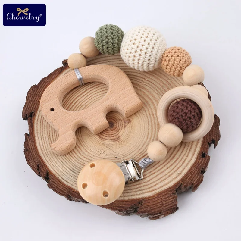 

1PC Food Grade Wooden Elephant Pendant Crochet Beads Soother Clip Baby Shower Gift Infant Feeding Baby Accessories Pacifier Clip