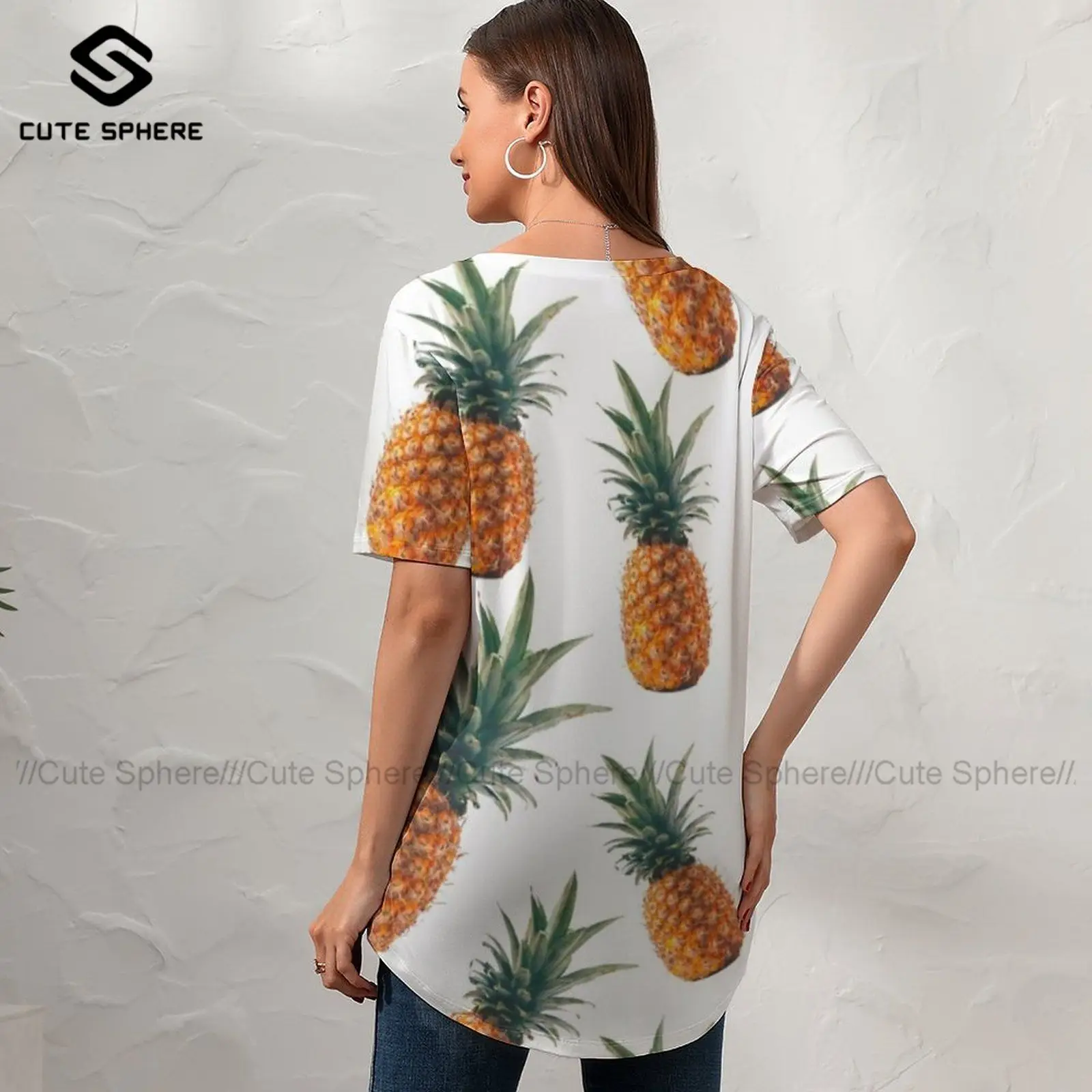 

Pineapple Tee Shirt Kawaii Printed Ladies T Shirt V Neck Short Sleeve Casual T-Shirt Plus Size