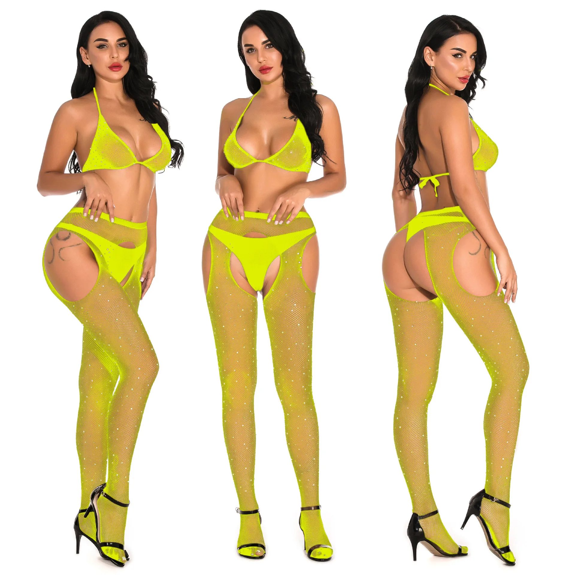 Сексуальные черные ажурные леггинсы со стразами женские с открытой промежностью