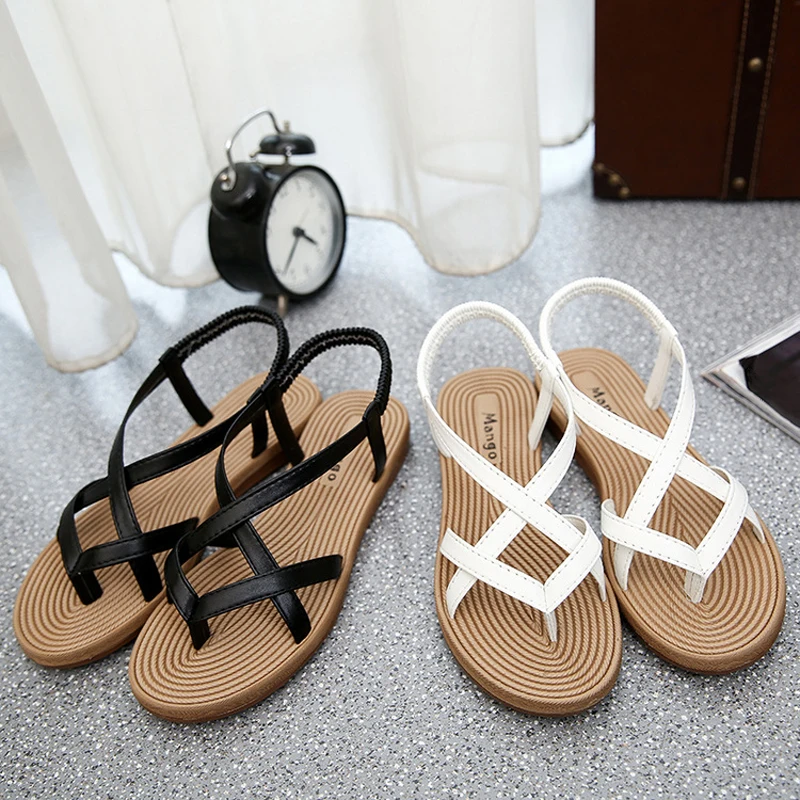 

Yu Kube Summer Shoes Woman Sandals Elastic Flat Sandalias Mujer 2021 Strappy Gladiator Beach Sandals Ladies Flip Flops White