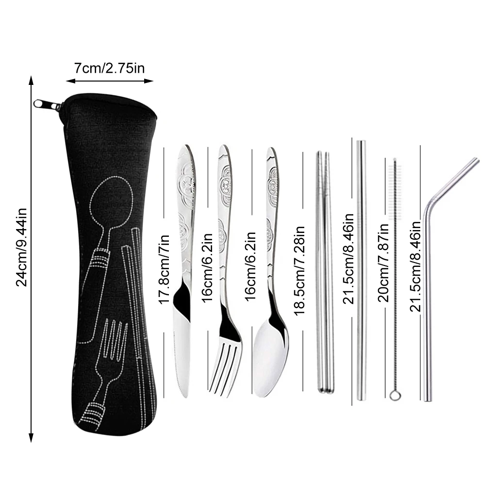 

7pcs Set Dinnerware Portable Printed Stainless Steel Spoon Fork Steak Knife Chopsticks Set Travel Cutlery Tableware with Bag