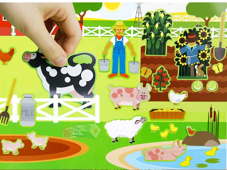 

Children Big Cartoon Reusable Sticker Pad include 5 Scences Kids Stickers Book Animals Vehicle Dress-up Sticker Gift 37*25cm