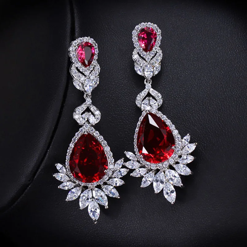 Ruby red ThreeGraces Великолепный CZ камень инкрустированный большой цветок Длинные камни в форме капли свадебные серьги-висюльки для свадебных ювелирных изделий ER031 - Окраска металла: Ruby red