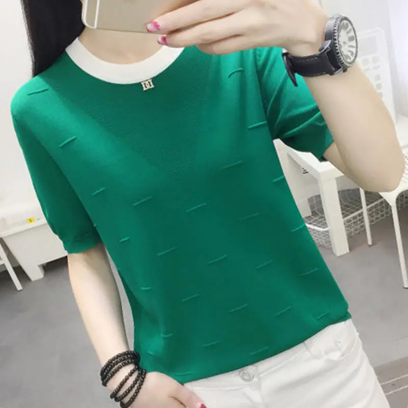 

2021 summer new short sleeve t-shirt women loose fashion knitted half sleeve thin round neck jacket