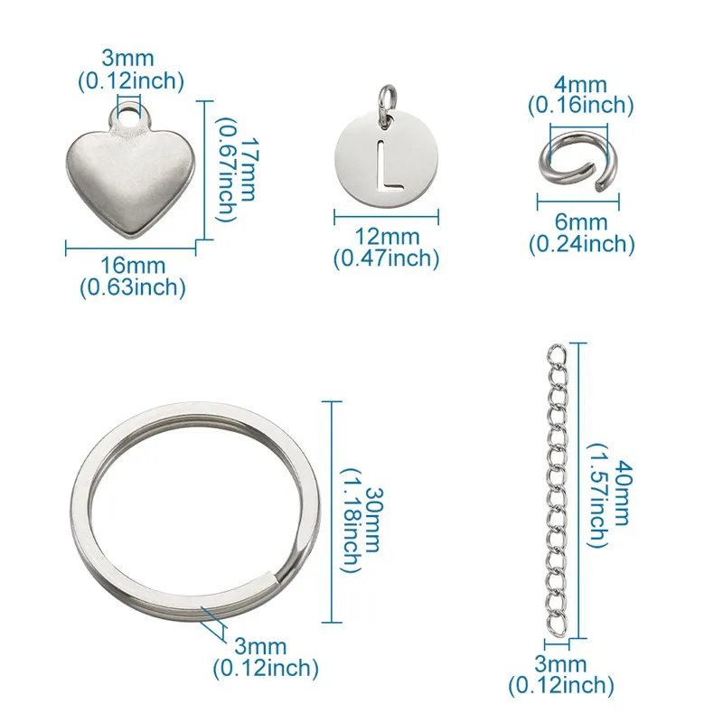 

1 Set Stainless Steel Alphabet Pendant Split Key Rings Jump Rings and Stainless Steel Ends Extender Chains for Jewelry Making