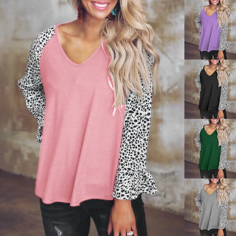 

New Leopard Print Stitching V-Neck Long Sleeve Loose Casual Ladies Elegant Top T-Shirt