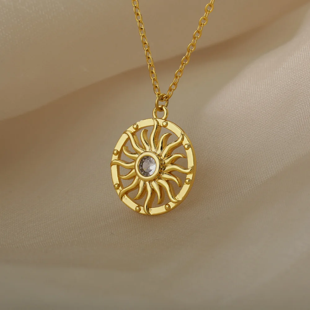 

2021 Zircon Tarot Sun Pendant Necklace For Women Rose Gold Color Choker Stainless Steel Necklaces Collar Jewelry Bijoux Femme