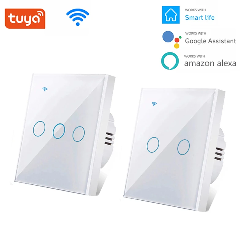 

Новый умный сенсорный переключатель Wi-Fi, не требуется нейтральный провод, переключатель света для умного дома 1/2/3, 220 В, поддержка Alexa Tuya App 433RF...