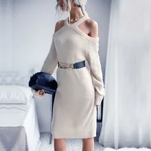 Robe élégante pour femmes, printemps automne, couleur Pure, pull tricoté, pull décontracté, épaules dénudées, manches longues, robe de soirée  (1)