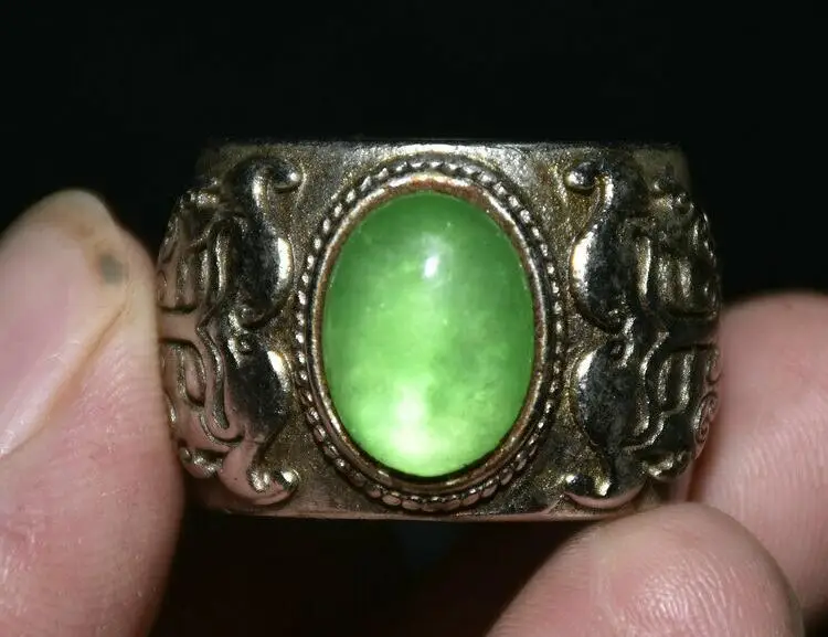 

1.6" Old China Silver inlay Color Jade Gem Dynasty Palace Beast Face Finger Ring