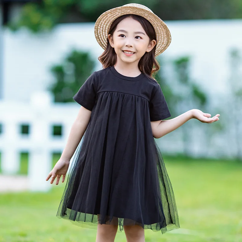 Black Mesh Patchwork Dresses For Girls Summer 2022 Short Sleeve Dress Clothing Teenage Girl Knee Length Cute Clothes | Детская одежда и