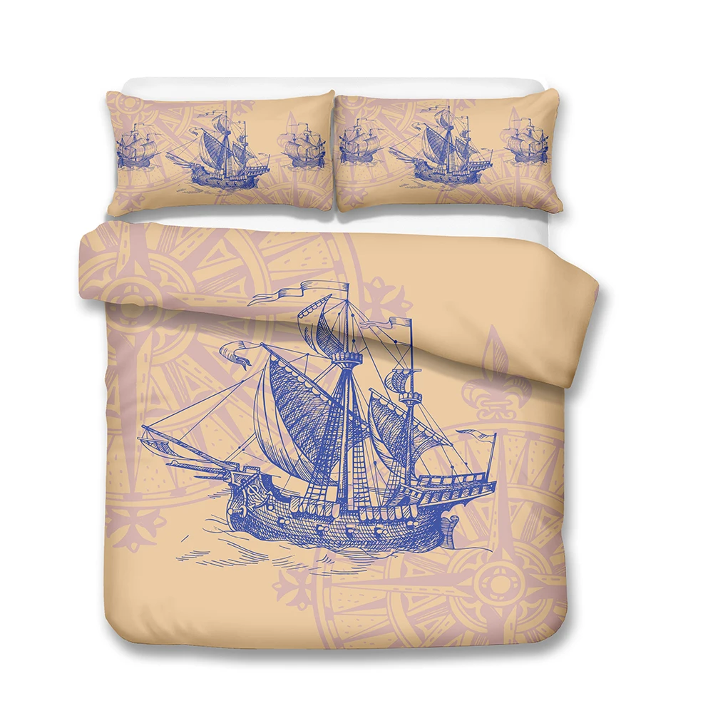 Vintage Style Hand Drawn Sketch Bedding Sailboat Compass Duvet Cover Set Teens Adults Bedroom Single Double Bed Sets Bedspread | Дом и сад