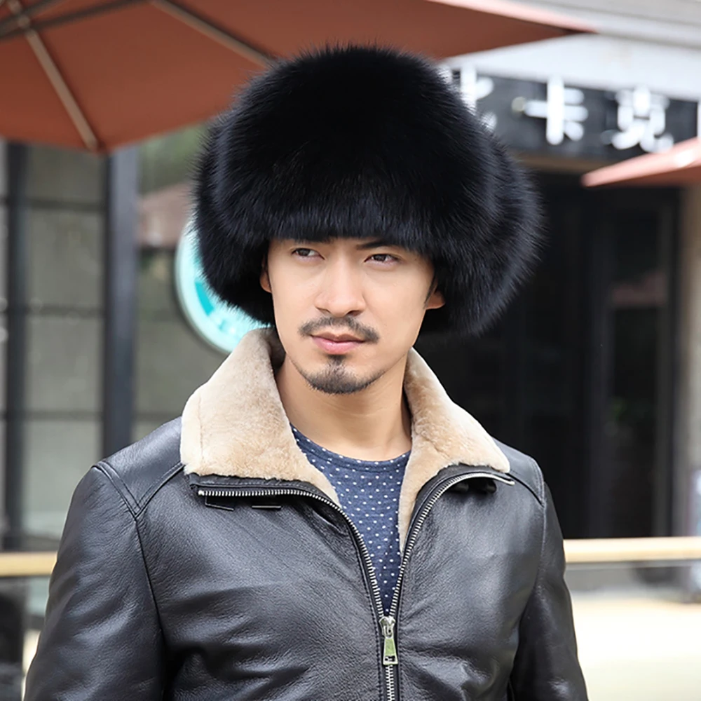 

Bomber Hats Men Winter Warm Russian Ushanka Hat with Ear Flap Genuine Sheep Leather Top Real Fur Men Dad Hat