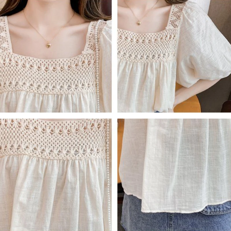 

Blouses Women French Style Fashion Hollow Out Leisure Loose Square Collar Elegant Summer All-match Female Cropped Puff Sleeve