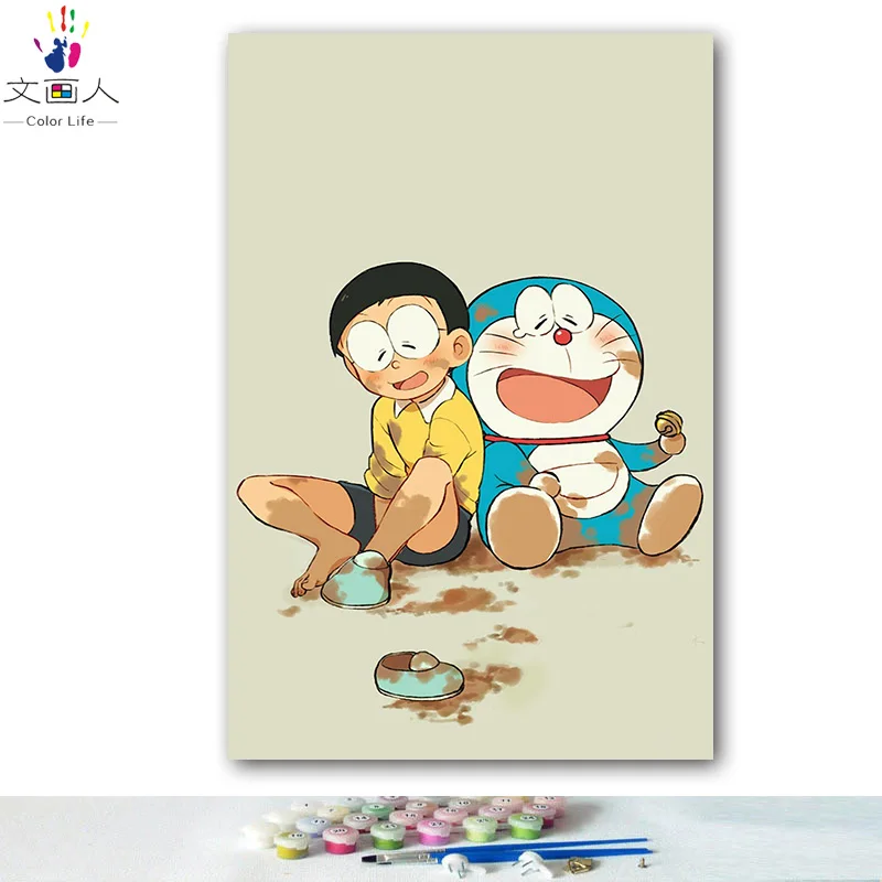 DIY colorings pictures by numbers with colors Doraemon Big bear robot cat picture drawing painting framed Home | Дом и сад