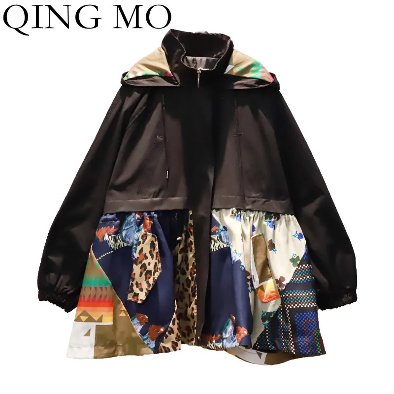 

QING MO Fashion Retro Pattern Stitching Hooded Women Jacket 2021 Autumn New Loose Zipper Cardigan Jacket tops Female ZWL924