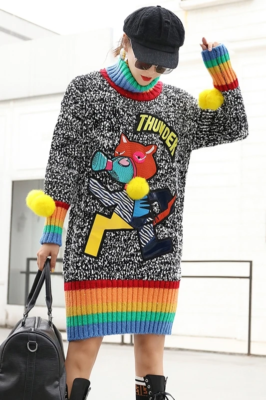 

Autumn and winter all-match turtleneck sweater women mid-length personality rainbow cartoon letter patch knitted bottoming shirt