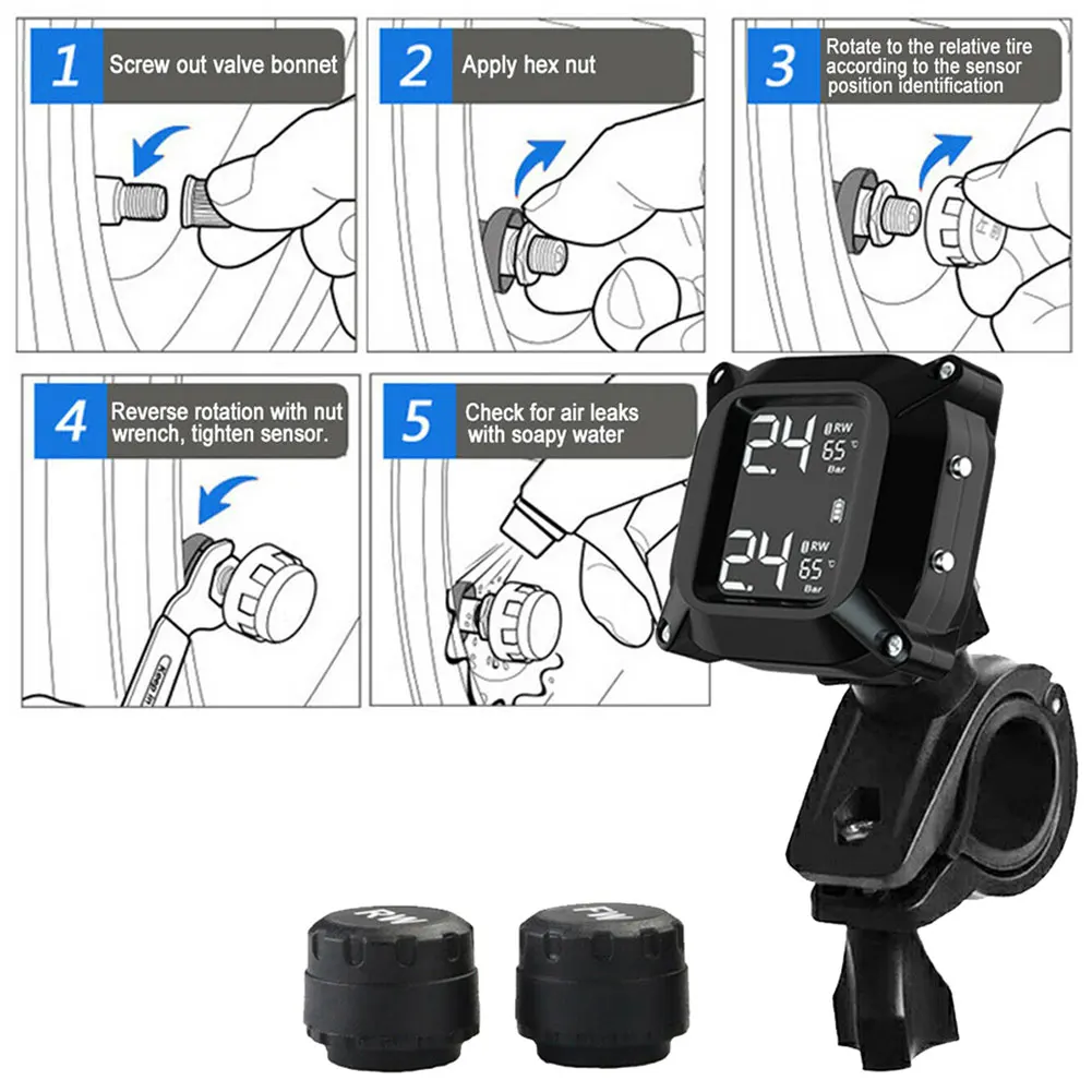 

2021 Magnetic USB Charging Motorcycle TPMS Motor Tire Pressure Tyre Temperature Monitoring Alarm System with 2 External Sensors