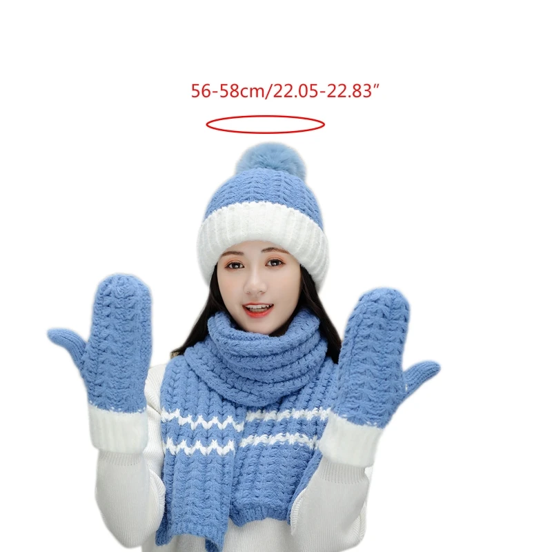 

Women Winter 3 Piece Pompom Beanie Hat Long Scarf Gloves Set Contrast Color Chunky Knit Plush Lined Skull Cap Windproof Neck War