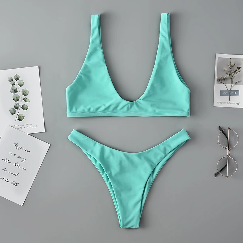 Женский неоново зеленый купальник бикини однотонный с высокой талией 9 цветов