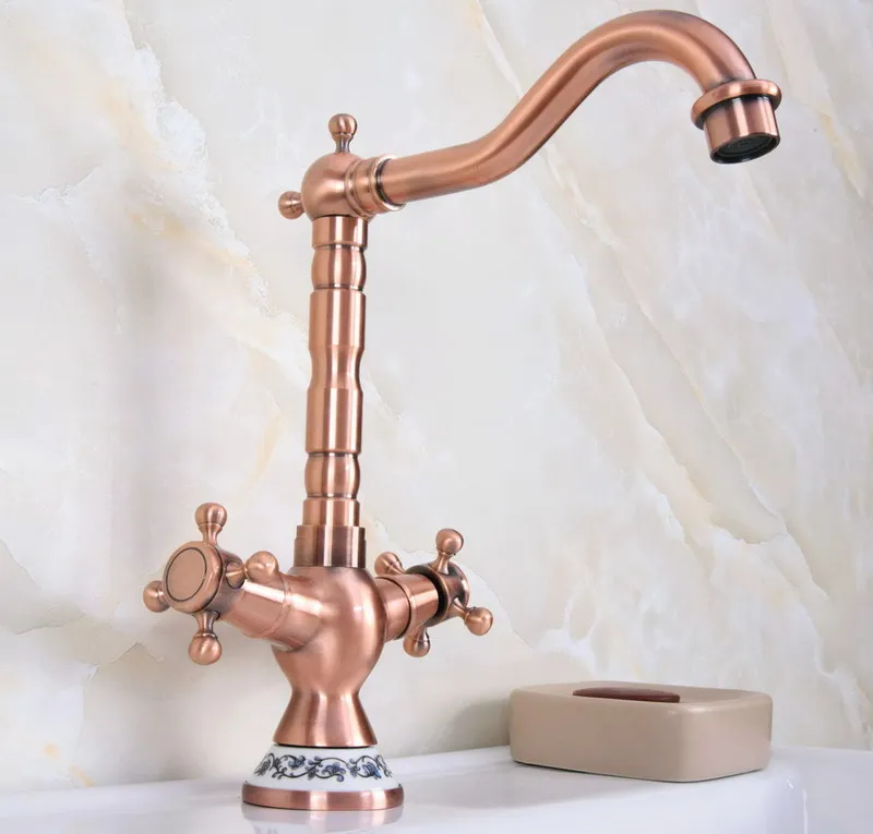 

Antique Red Copper Bathroom Basin Sink Faucet 360 Swivel Spout Double Cross Handle Bath kitchen Mixer Hot and Cold Tap Lnf613