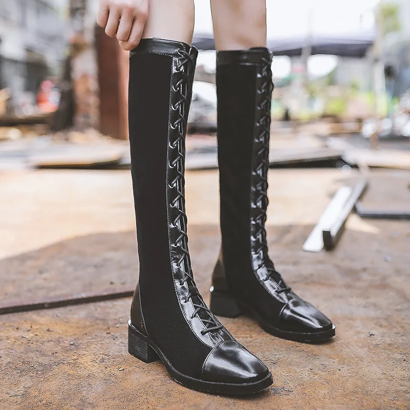 Женские ботфорты на шнуровке Ботинки martin толстом каблуке высокие ботинки