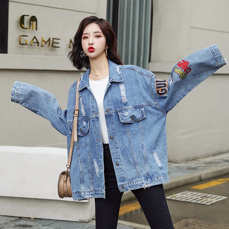 

Basic Denim Coat Bombers Vintage Fabric Patchwork Denim Jacket Women Cowboy Jeans 2020 Spring Frayed Ripped Hole Jean Jacket