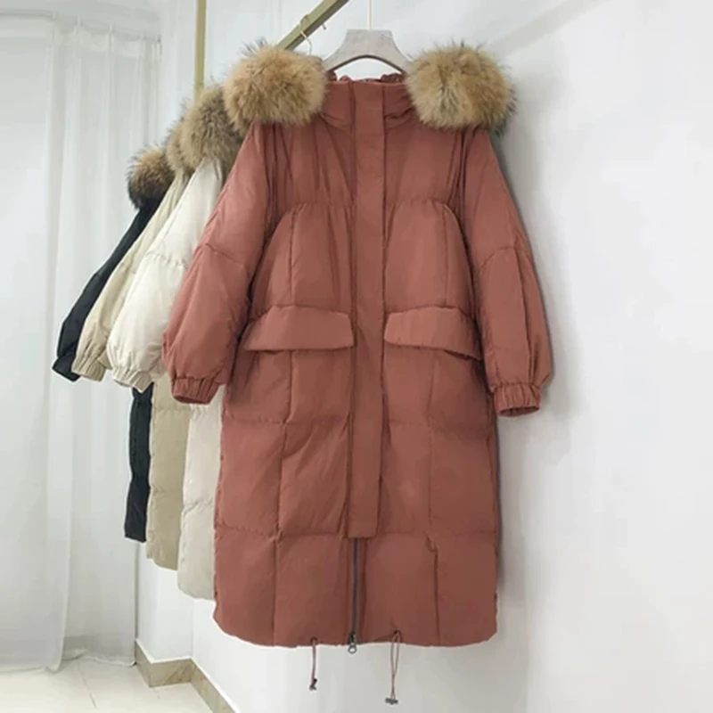 

Women's Mid-Length Down Coat With Raccoon Fur Hood With 90% Down Parka Female Long Winter Puffer Jacket