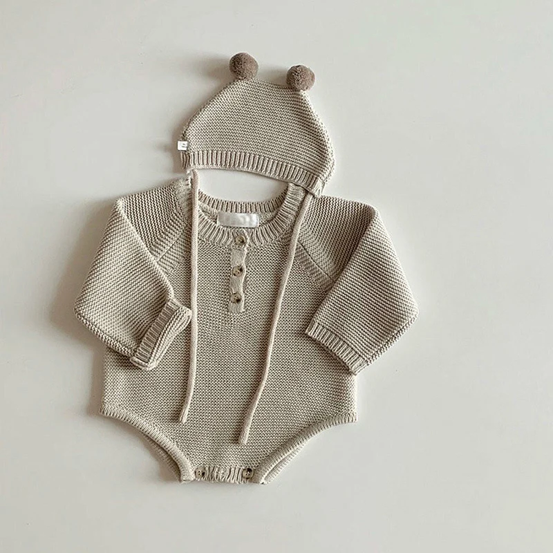 

New Baby Boys Girls Knitted Bodysuit Autumn Jumpsuit Knitwear Outfits Newborn Baby Sweater + Knit Hat Toddler Baby Clothes Set