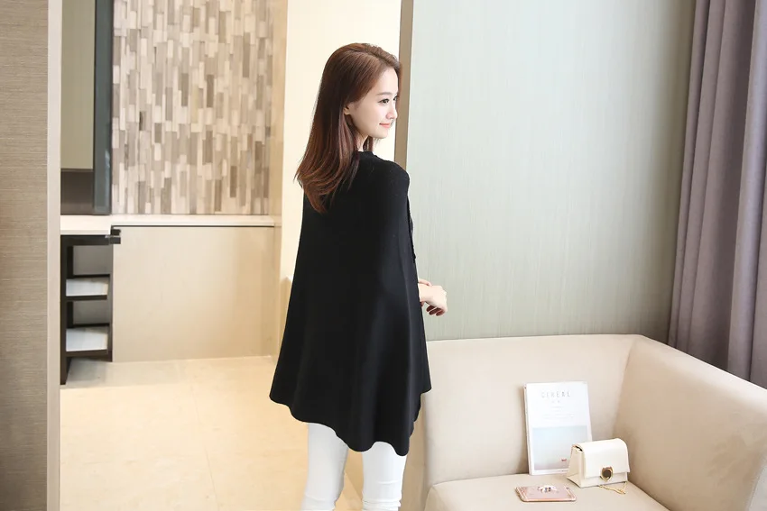 Женское двубортное пончо свободное вязаное черное пальто с рукавами летучая