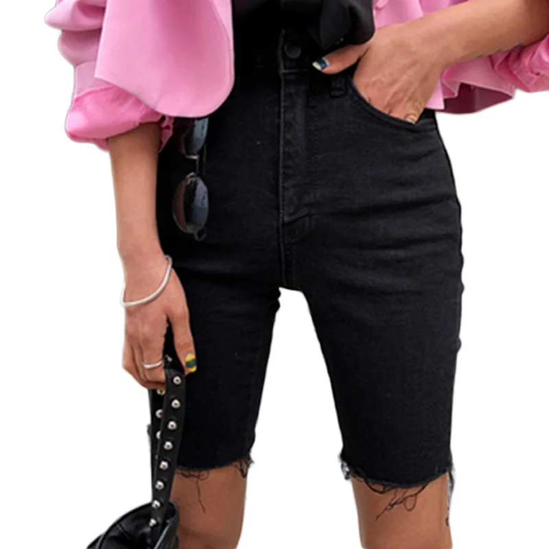 

Genayooa Knee Length Denim Shorts Women Push Up Elastic High Waist Biker Shorts Jean Shorts Women Summer 2021 Black Streetwear