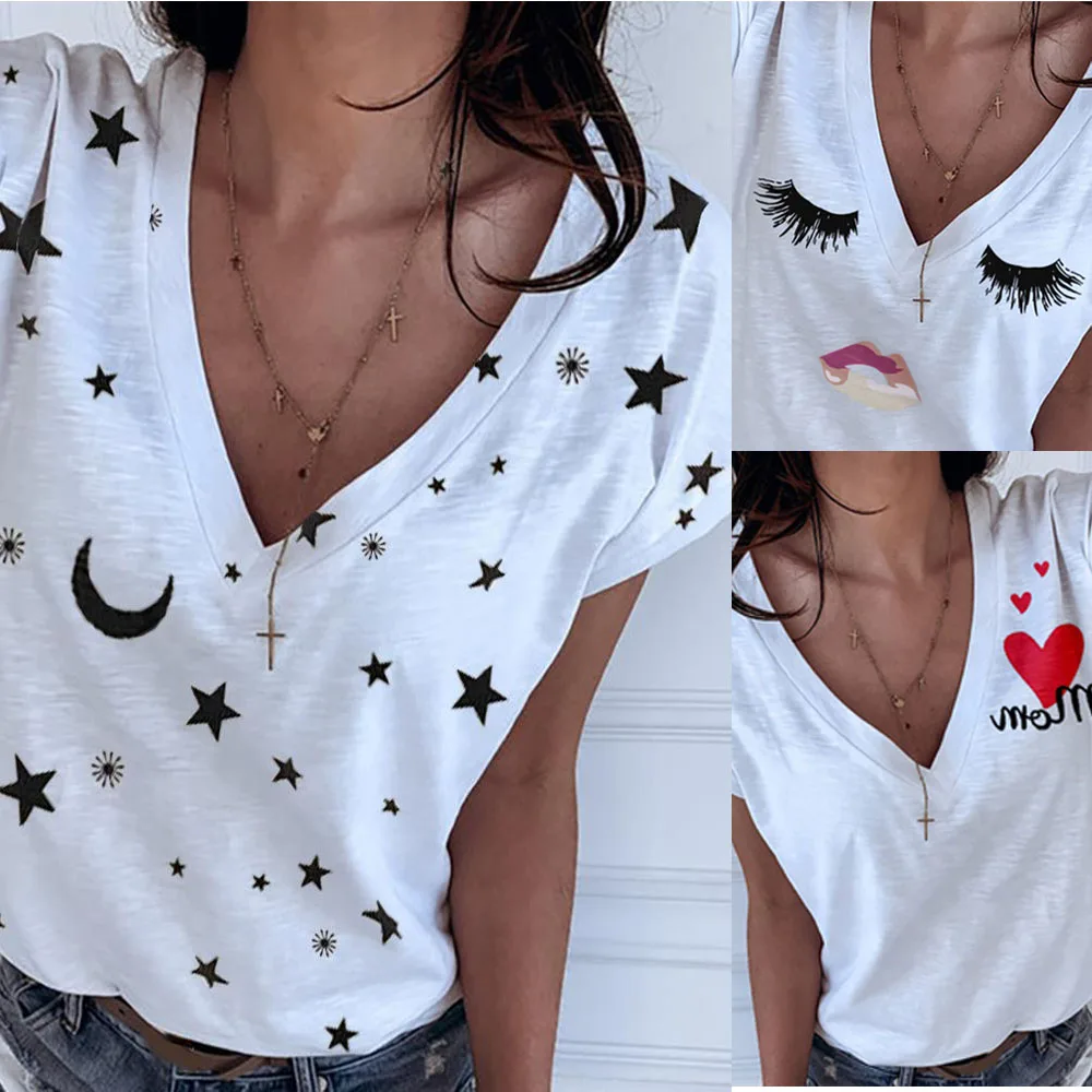 Женская футболка с принтом луны и звезд глубоким V-образным вырезом коротким