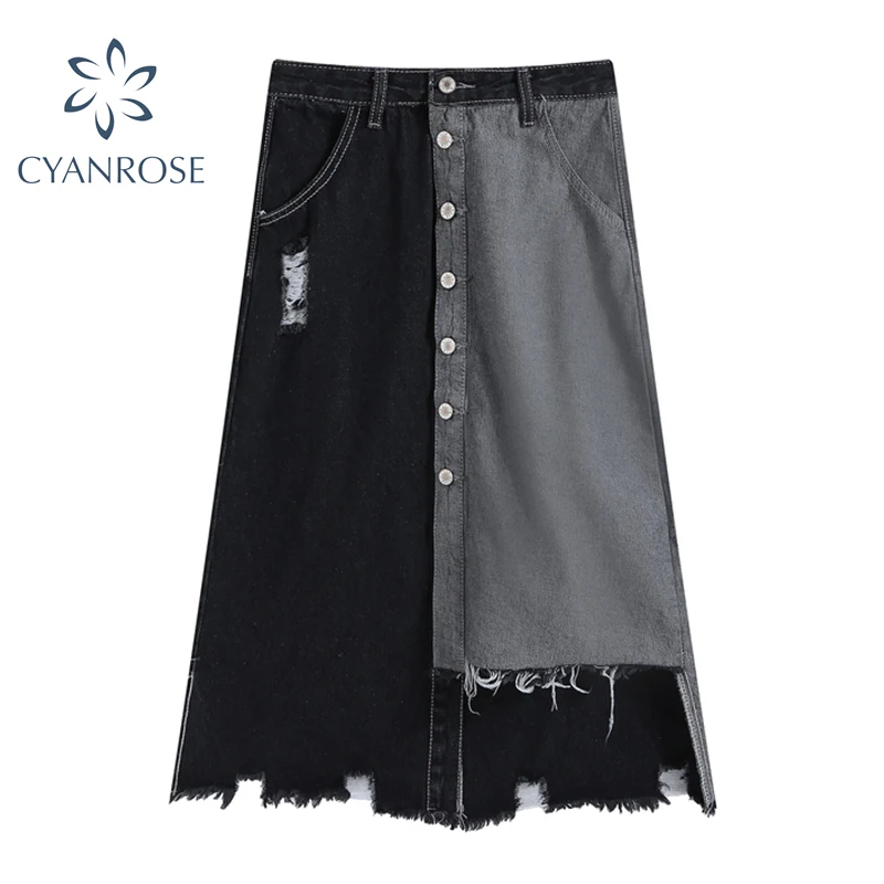 Женская Асимметричная рваная джинсовая юбка однобортная винтажная с высокой
