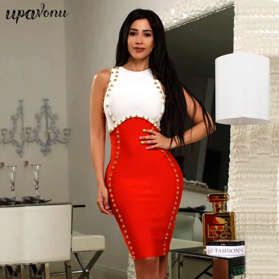 Summer new 2021 hot elegant beaded decoration sexy red stitching tight bandage dress women's celebrity party | Женская одежда