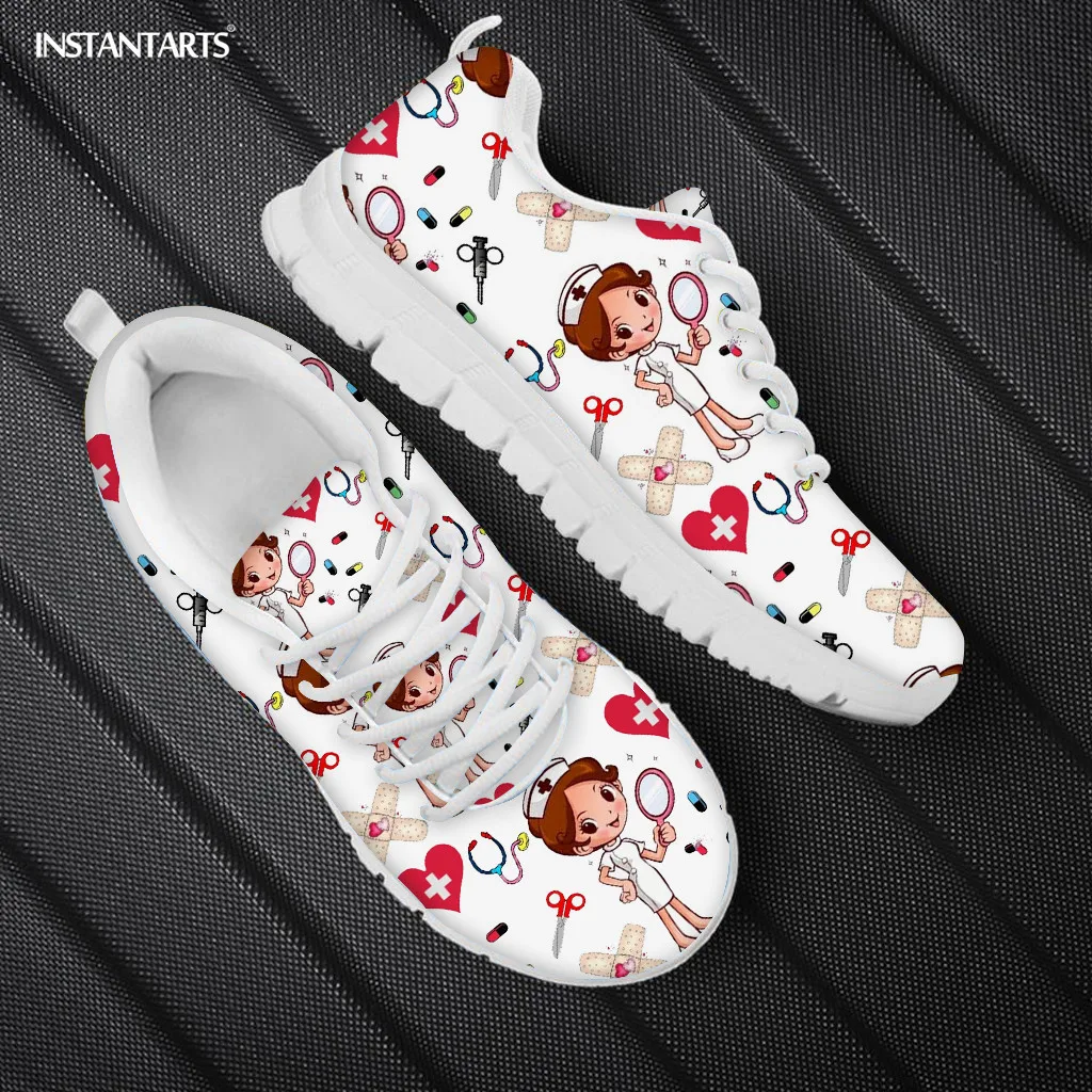 

INSTANTARTS Nursing Shoes Women Casual Footwear Spring Lace Up Breathble Flat Shoes Cartoon Nurse Printing Walk Jogging Sneakers