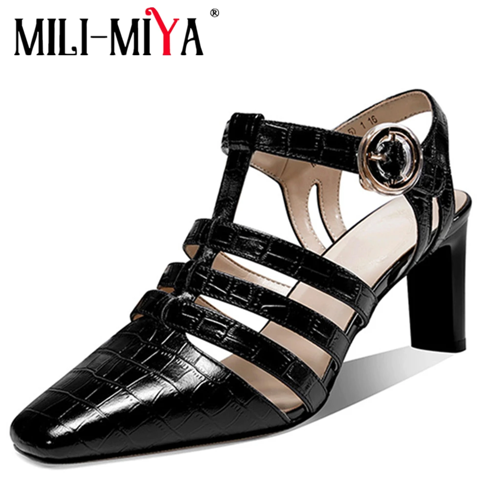 

MILI-MIYA женские сандалии в стиле ретро; Туфли-гладиаторы из коровьей кожи на квадратном каблуке; модельные туфли на ремешке с пряжкой; Летняя о...