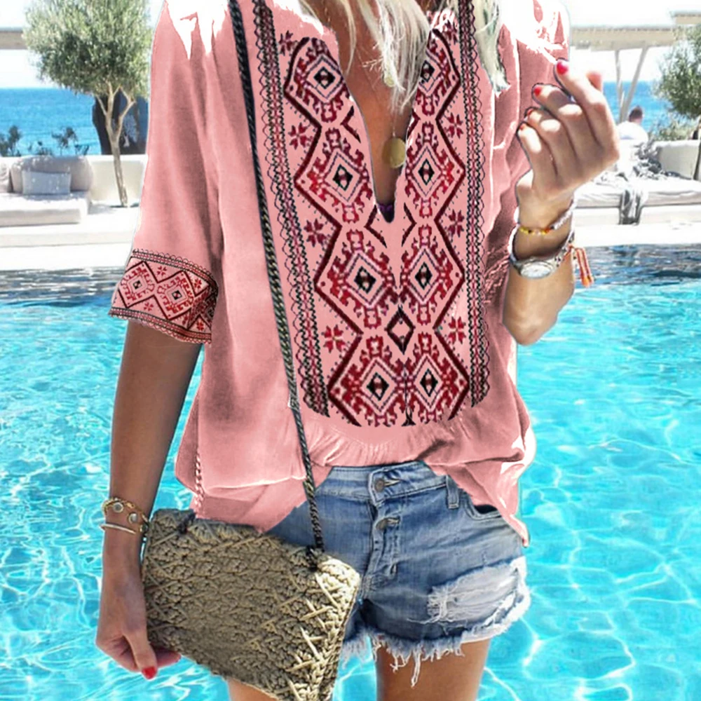 Dihope 2020 женский богемный блузка в этническом стиле рубашка сексуальный v образный
