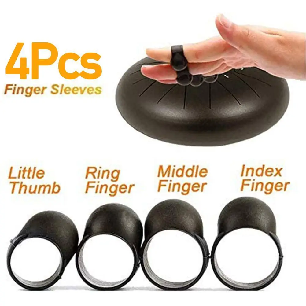 

4pcs/set Ethereal Drum Finger Cots Durable Silicone Black Sleeve Tongue Steel Finger For Ethereal Drum Drum O0M6