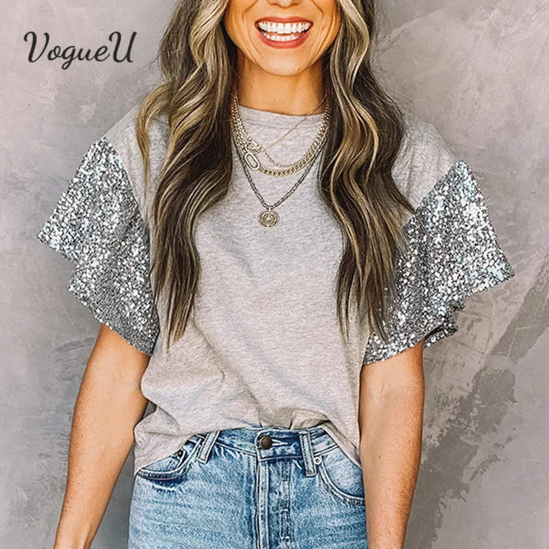 

Sequins Loose Round Neck Short Sleeve T-Shirt Women'S Tops Fashion Color Splicing Woman Tshirts New Fashion Base Top Size S-Xl