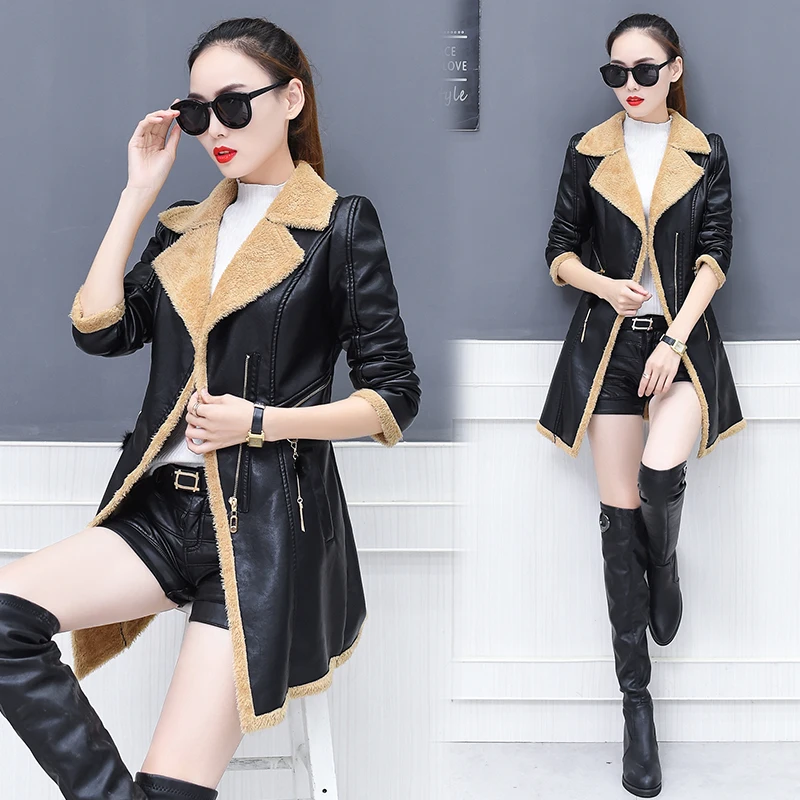 Женское длинное пальто из искусственной кожи теплое замшевое овечьей шерсти