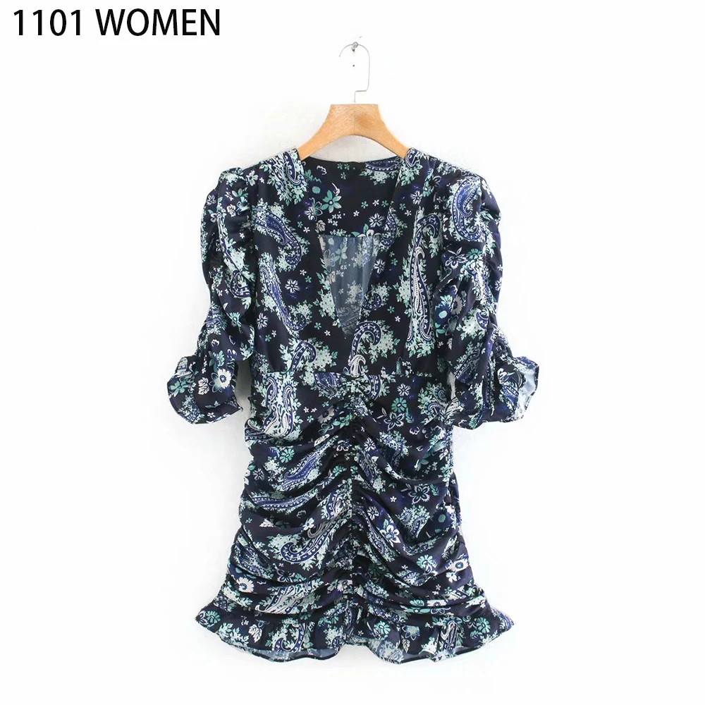 Женское платье с коротким рукавом плиссированное до колена ярким принтом и