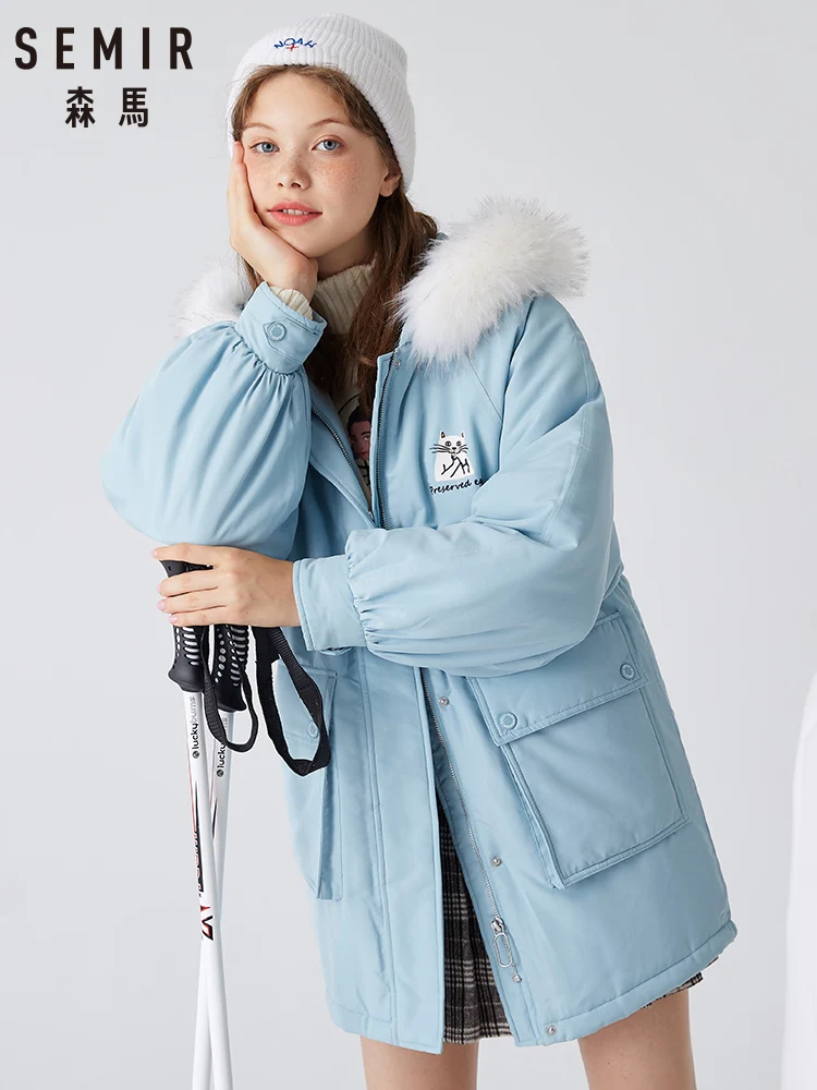 

SEMIR 2019 winter new cotton parkas women thick long hair collar hooded windbreak coat printed parka