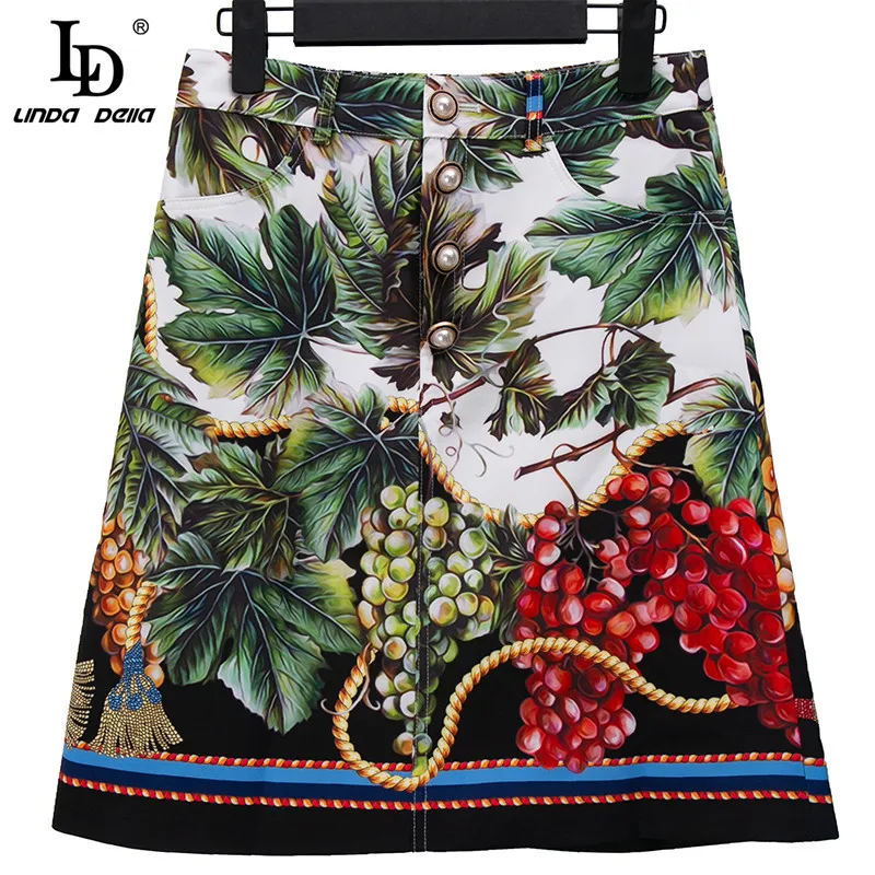 

LD LINDA DELLA Fashion Designer Summer Two Piece Set Women's Sexy Lace Transparent Long Sleeve TopHigh Waist Print Skirt Suit