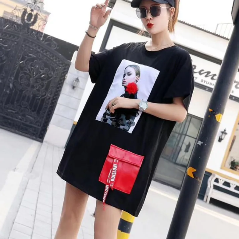 

QING MO 2021 Character Printing T Shirt Women Sequin Short Sleeve T Shirt Dress Red Pockets Loose Hip-Hop T Shirt Tops ZLDM046