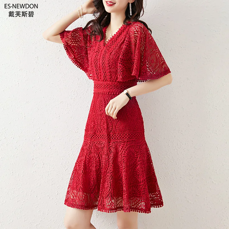 

2021 French New Style Elegant and Thin V-neck Lace A-word Sexy and Gentle Dresses for Women Hook Flower Hollow Flying Sleeve
