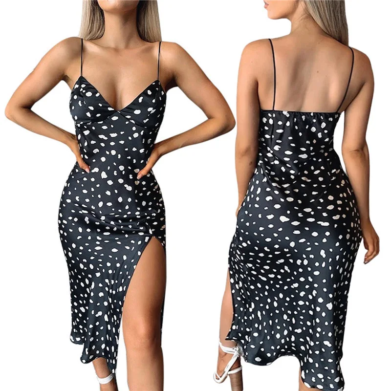 

Kayotuas Women Pencil Dress Summer Spaghetti Strap Split V-Neck High Waist Backless Black Hot Sale Boho Beach Sundress