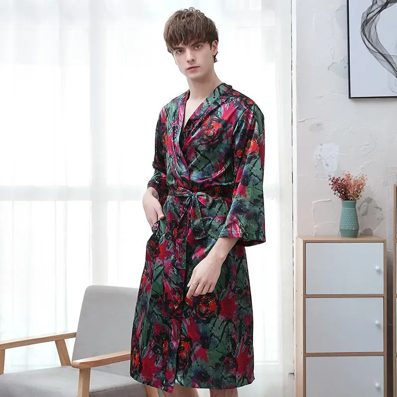

Men Satin Robe Lovers Sleepwear Nightgown Print Kimono Bathrobe Gown Home Clothing Casual Homewear Nightwear Big Size 3XL