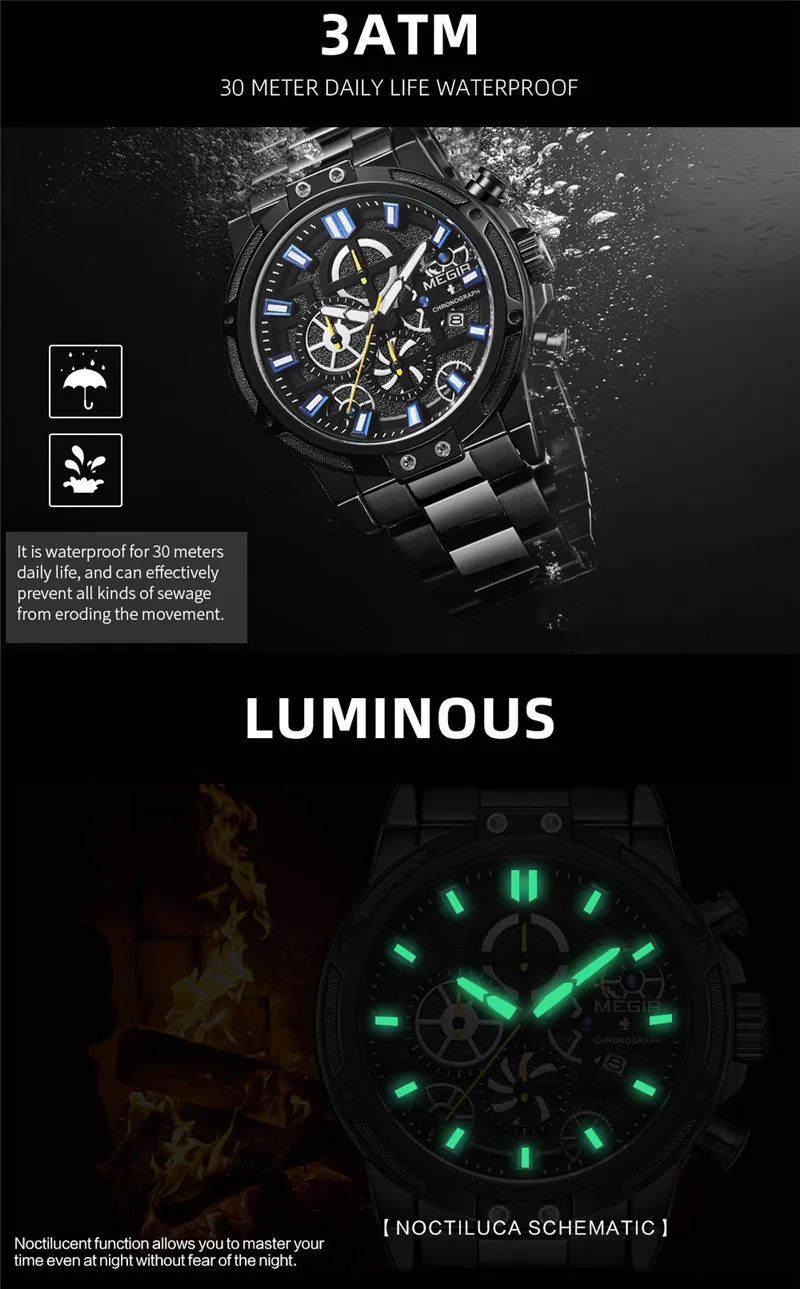 Часы MEGIR Мужские Наручные с хронографом брендовые Роскошные спортивные