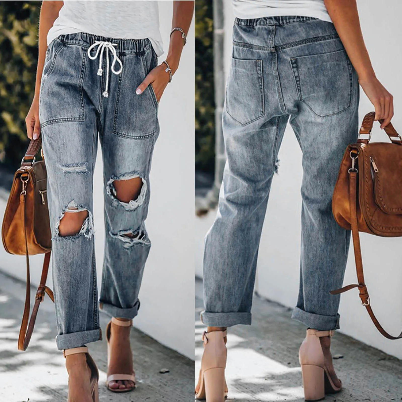 

Women's 2021 New Fashion And Casual Solid Colour Pockets Holes Drawstring High-Waisted Slimming Jeans Straight-leg Long Trousers
